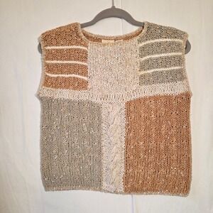 Liz Claiborne Vintage Silk Blend Patchwork Knit Sweater Vest Tan Green Large